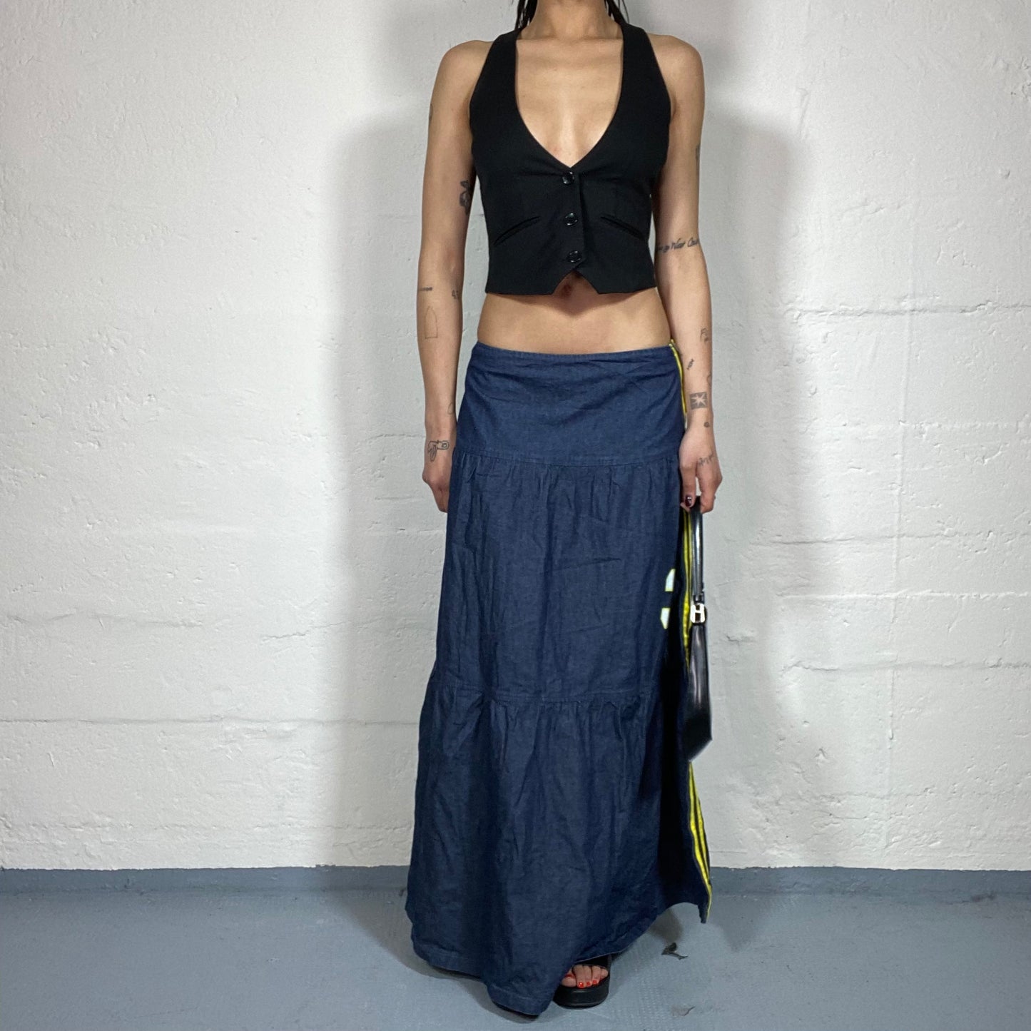 Vintage 2000’s Sporty Blue Denim Maxi Skirt with Yellow Back and Sides Embroidery (M)