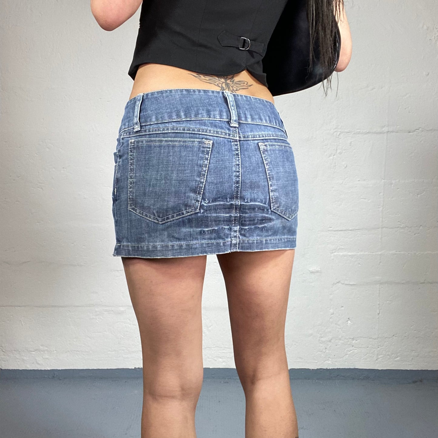 Vintage 2000’s Summer Blue Denim Micro Skirt with Sequins Embroidery and Back Pockets (S)