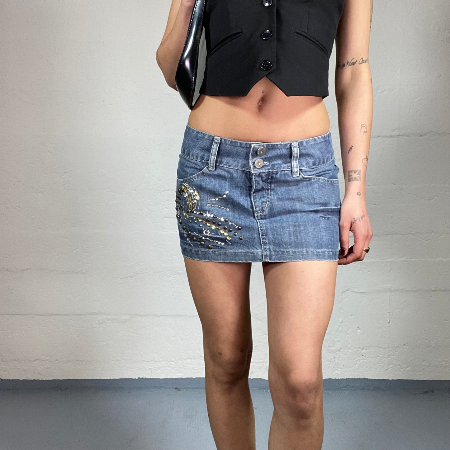 Vintage 2000’s Summer Blue Denim Micro Skirt with Sequins Embroidery and Back Pockets (S)