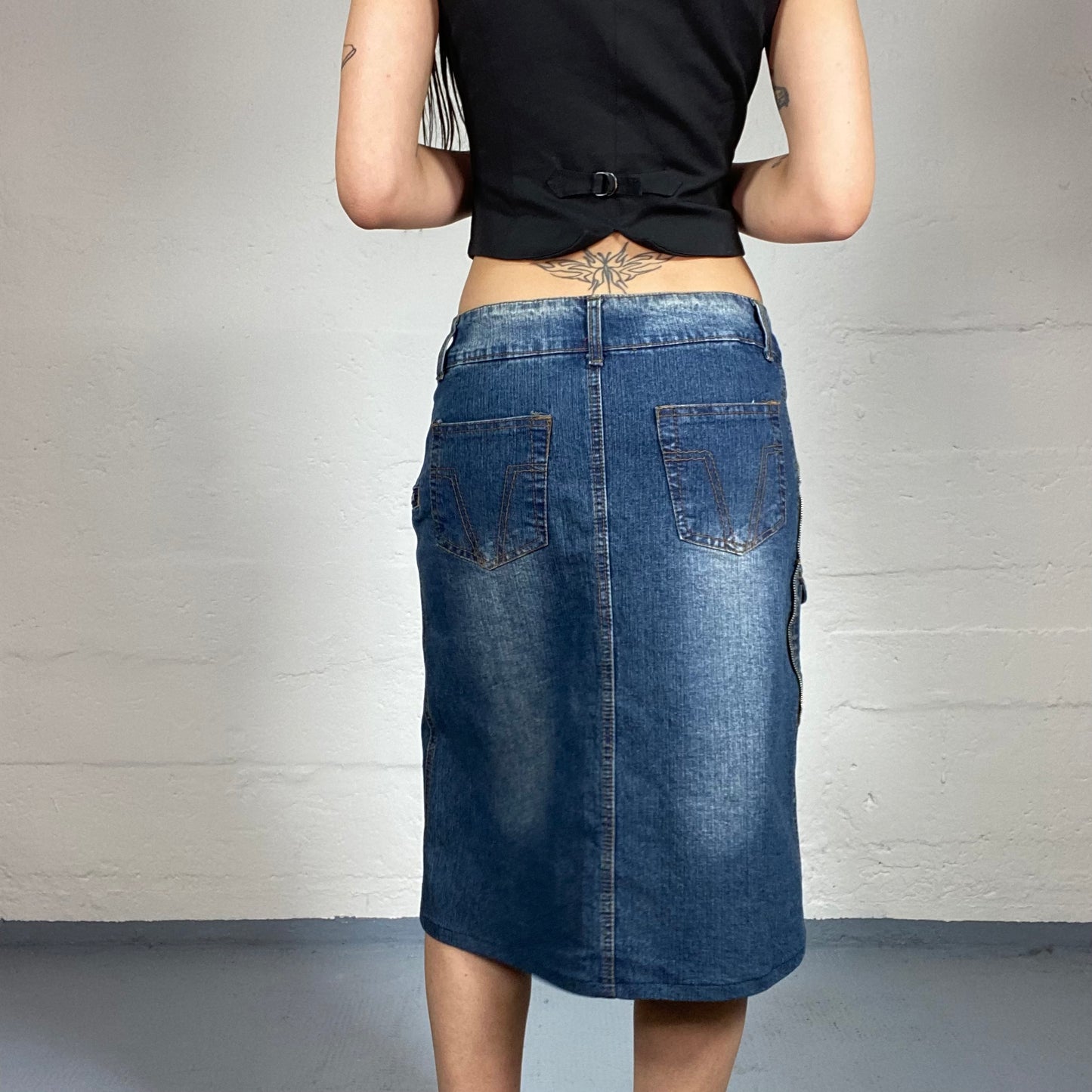 Vintage 2000’s Biker Girl Style Blue Denim Midi Skirt with Zipper Details and Asymmetric Pockets (S)