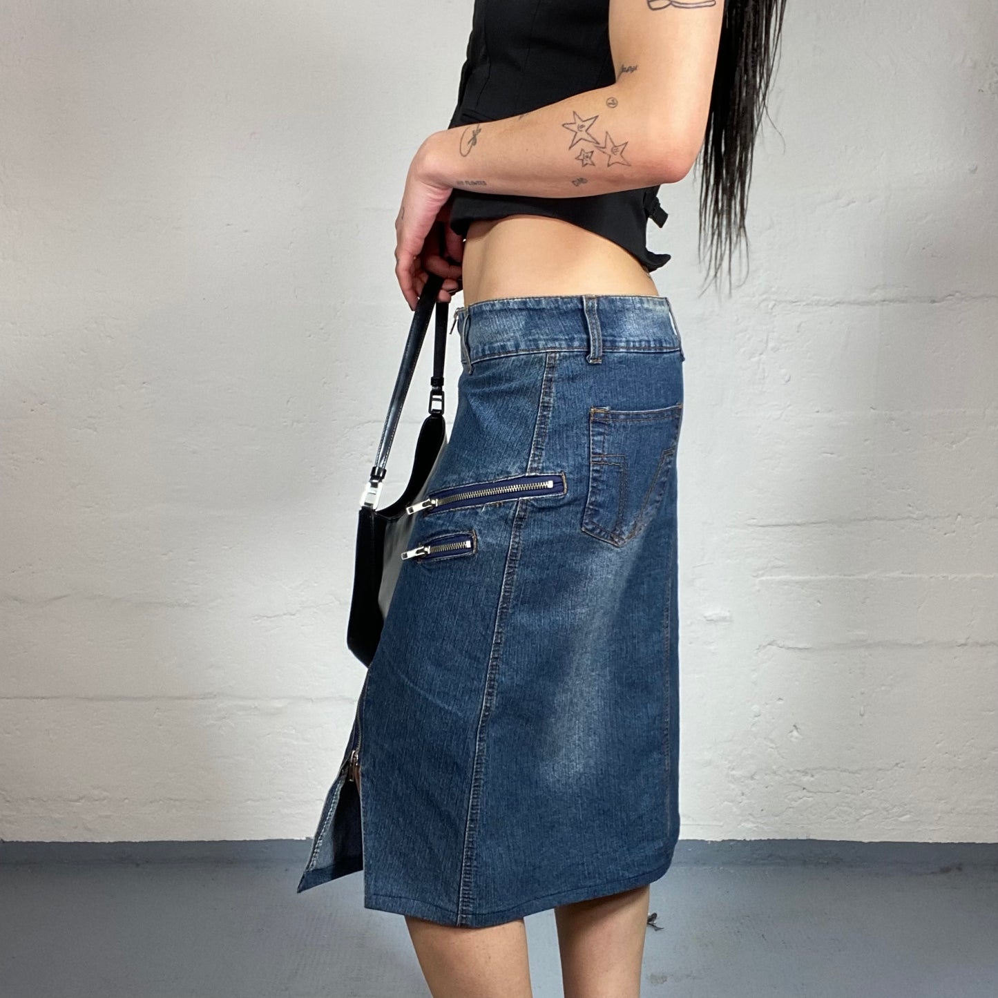 Vintage 2000’s Biker Girl Style Blue Denim Midi Skirt with Zipper Details and Asymmetric Pockets (S)