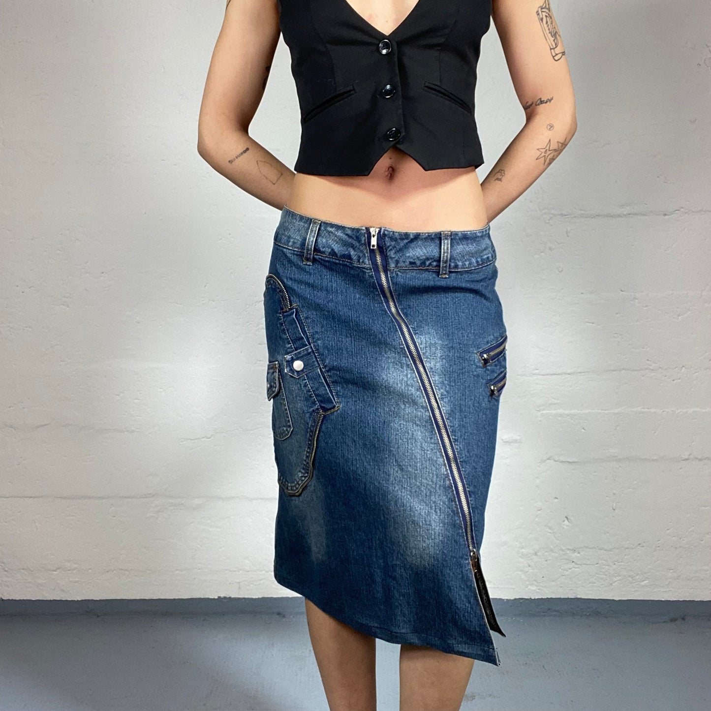 Vintage 2000’s Biker Girl Style Blue Denim Midi Skirt with Zipper Details and Asymmetric Pockets (S)