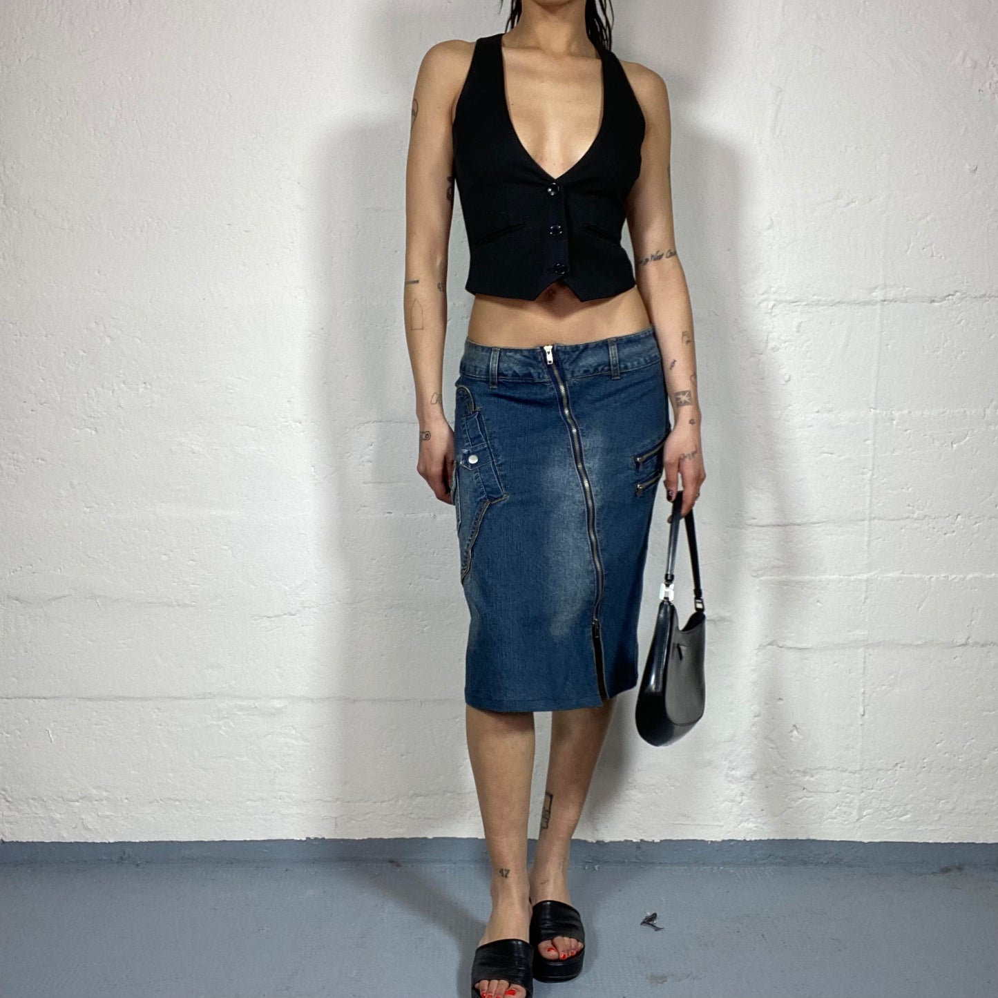 Vintage 2000’s Biker Girl Style Blue Denim Midi Skirt with Zipper Details and Asymmetric Pockets (S)