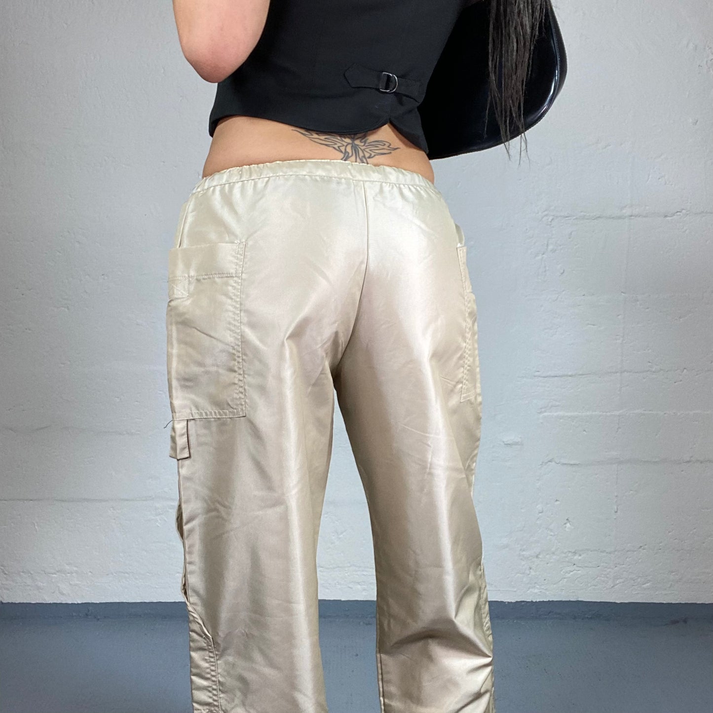 Vintage 2000’s Hip Hop Girl Milky Colour Shimmery Baggy Pants with Waist Rubber (S)