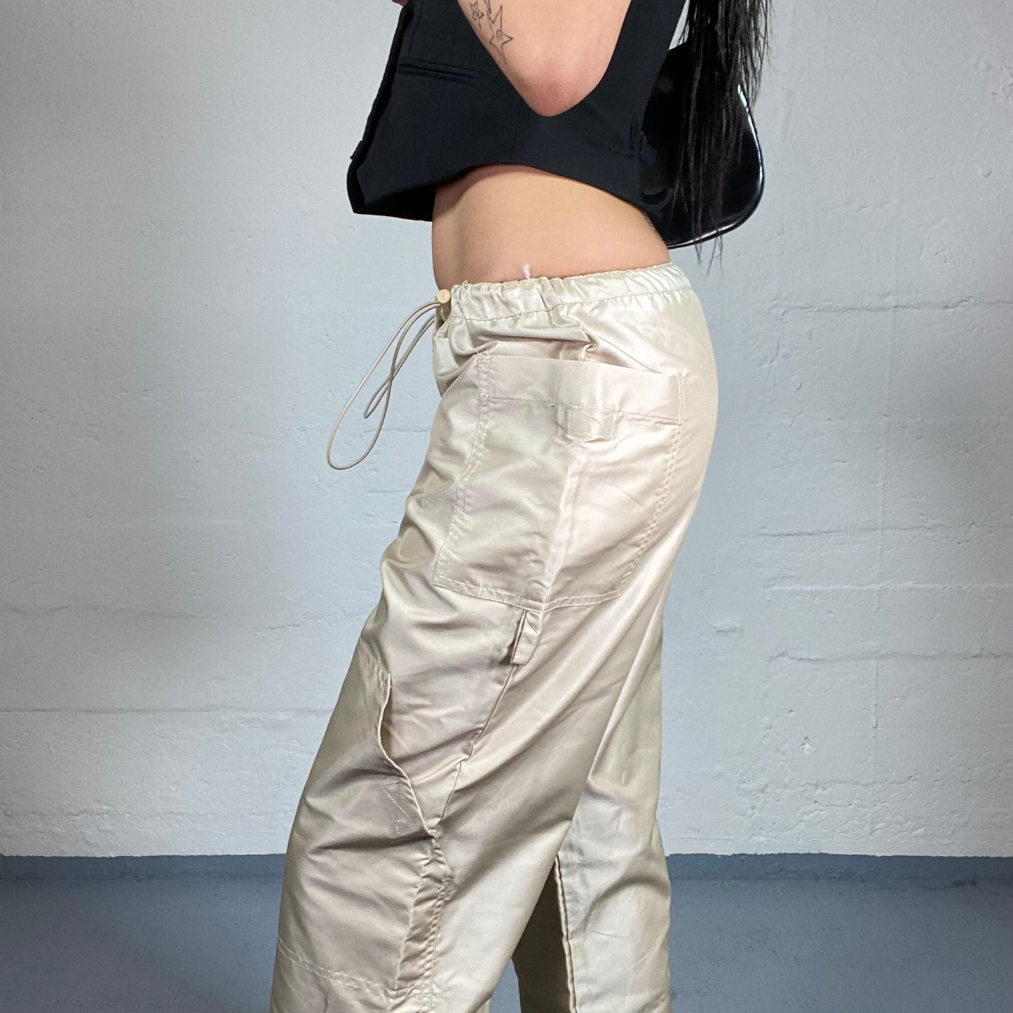 Vintage 2000’s Hip Hop Girl Milky Colour Shimmery Baggy Pants with Waist Rubber (S)