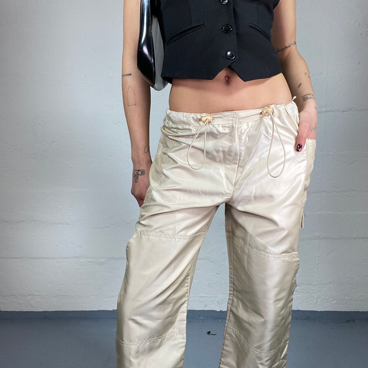 Vintage 2000’s Hip Hop Girl Milky Colour Shimmery Baggy Pants with Waist Rubber (S)