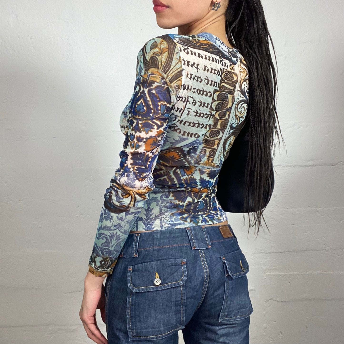 Vintage 2000's Casual Boho Blue Based Multicoloured Printed V-Neck Longsleeved Top (S)
