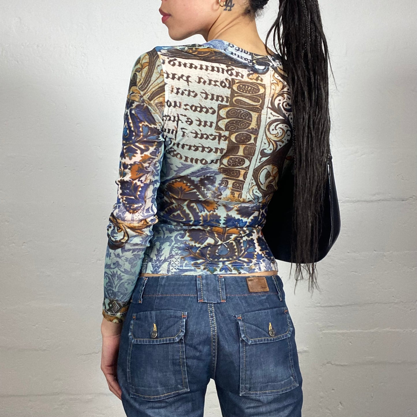 Vintage 2000's Casual Boho Blue Based Multicoloured Printed V-Neck Longsleeved Top (S)