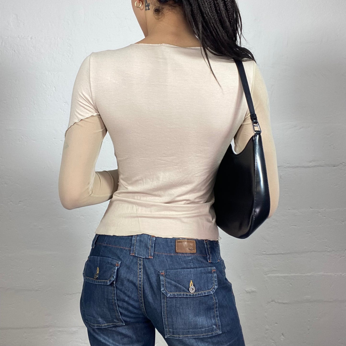 Vintage 2000's Downtown Girl Beige Longsleeve Top with Mesh Cut In Details (M)