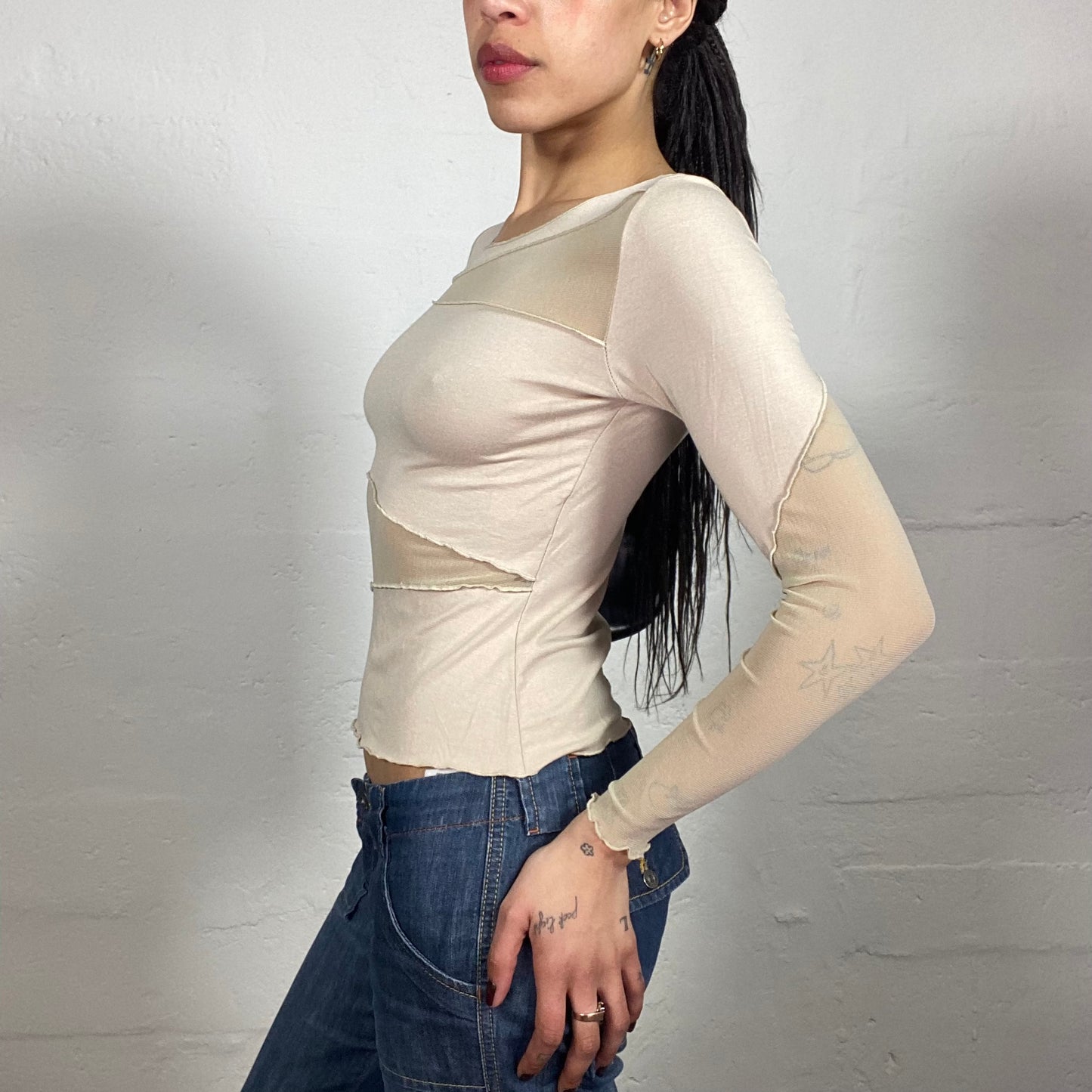 Vintage 2000's Downtown Girl Beige Longsleeve Top with Mesh Cut In Details (M)