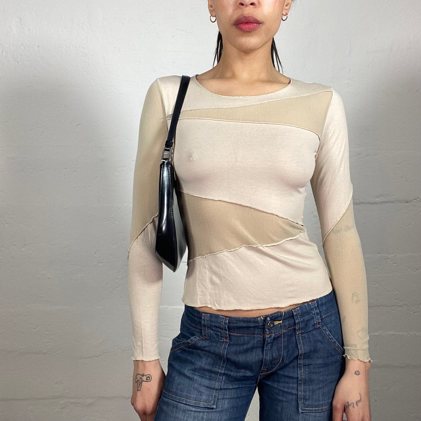 Vintage 2000's Downtown Girl Beige Longsleeve Top with Mesh Cut In Details (M)