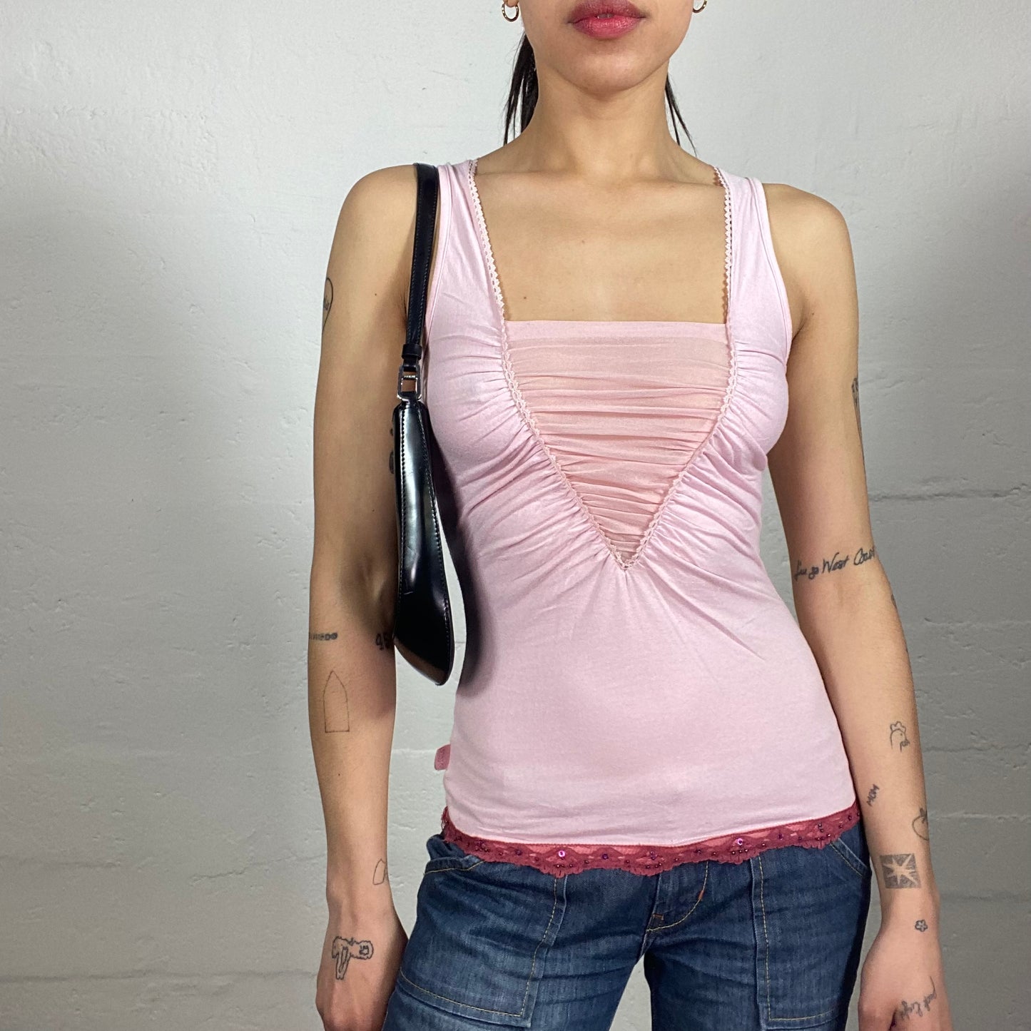 Vintage 2000's Morgan Soft Girl Baby Pink Draped Mesh Detail Tank Top with Bottom Lace Trim (S)