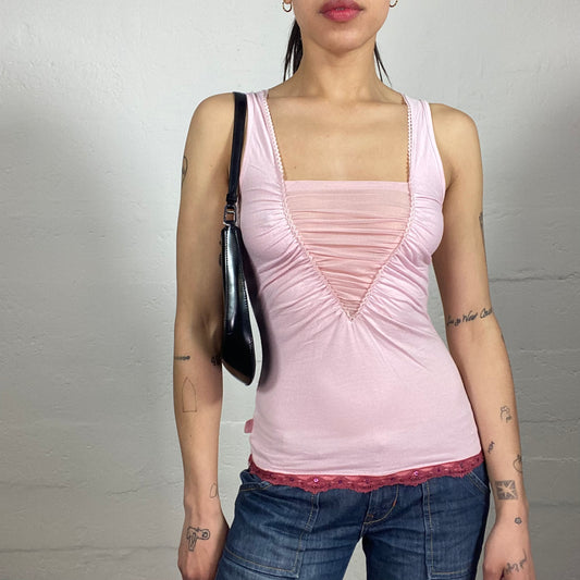 Vintage 2000's Morgan Soft Girl Baby Pink Draped Mesh Detail Tank Top with Bottom Lace Trim (S)