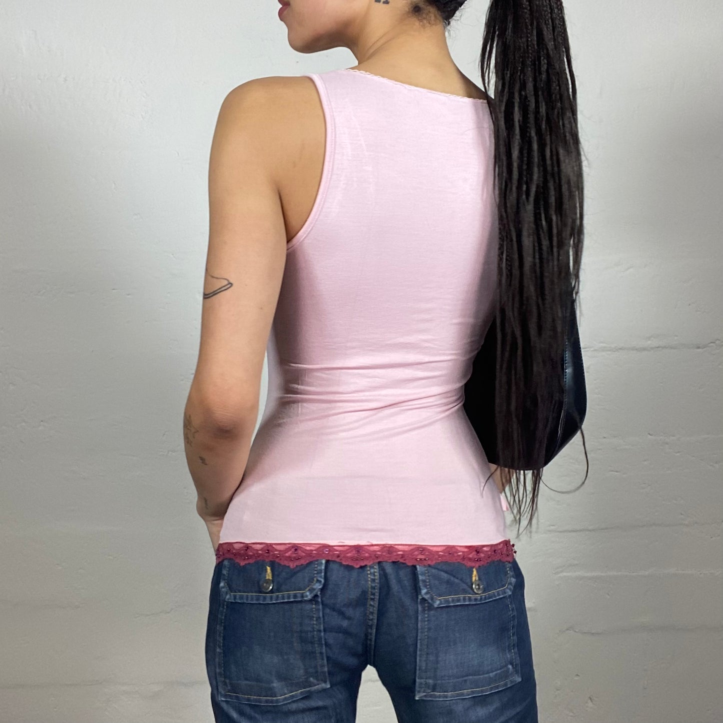 Vintage 2000's Morgan Soft Girl Baby Pink Draped Mesh Detail Tank Top with Bottom Lace Trim (S)