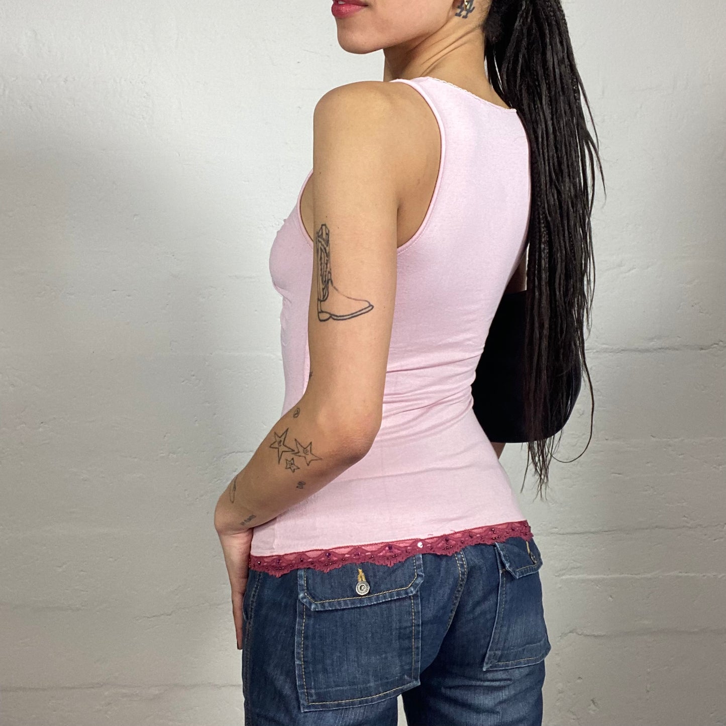Vintage 2000's Morgan Soft Girl Baby Pink Draped Mesh Detail Tank Top with Bottom Lace Trim (S)
