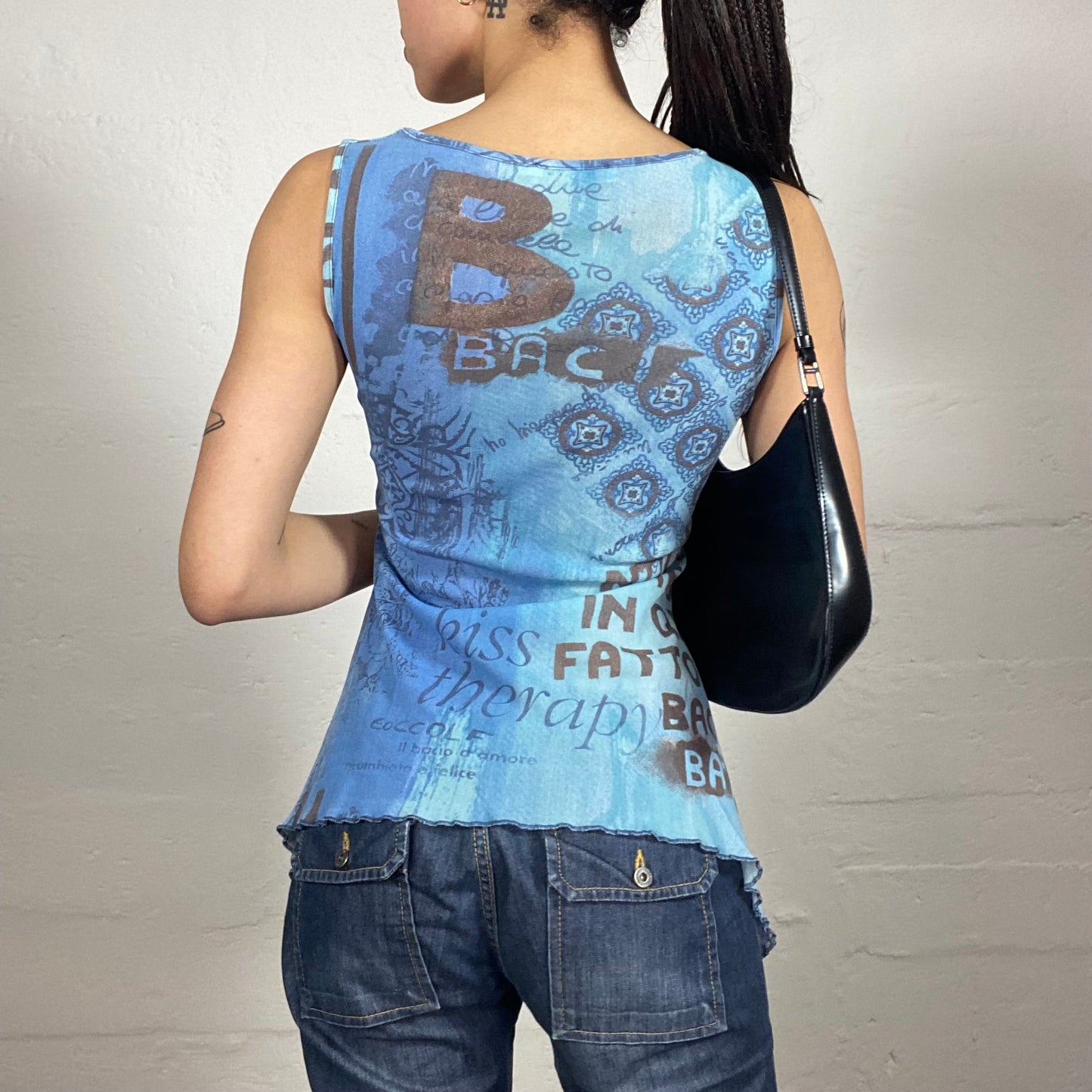 Vintage 2000's Boho Long Brown Printed V-Neck Asymmetric Top with Middle Binding Detail (M)