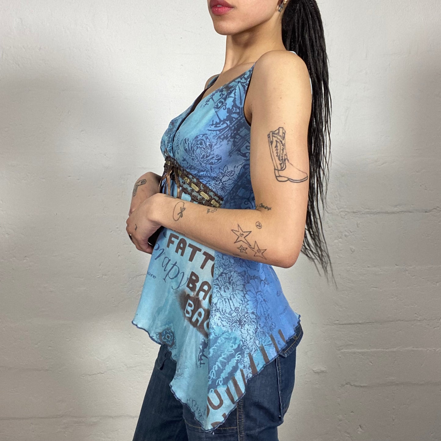 Vintage 2000's Boho Long Brown Printed V-Neck Asymmetric Top with Middle Binding Detail (M)