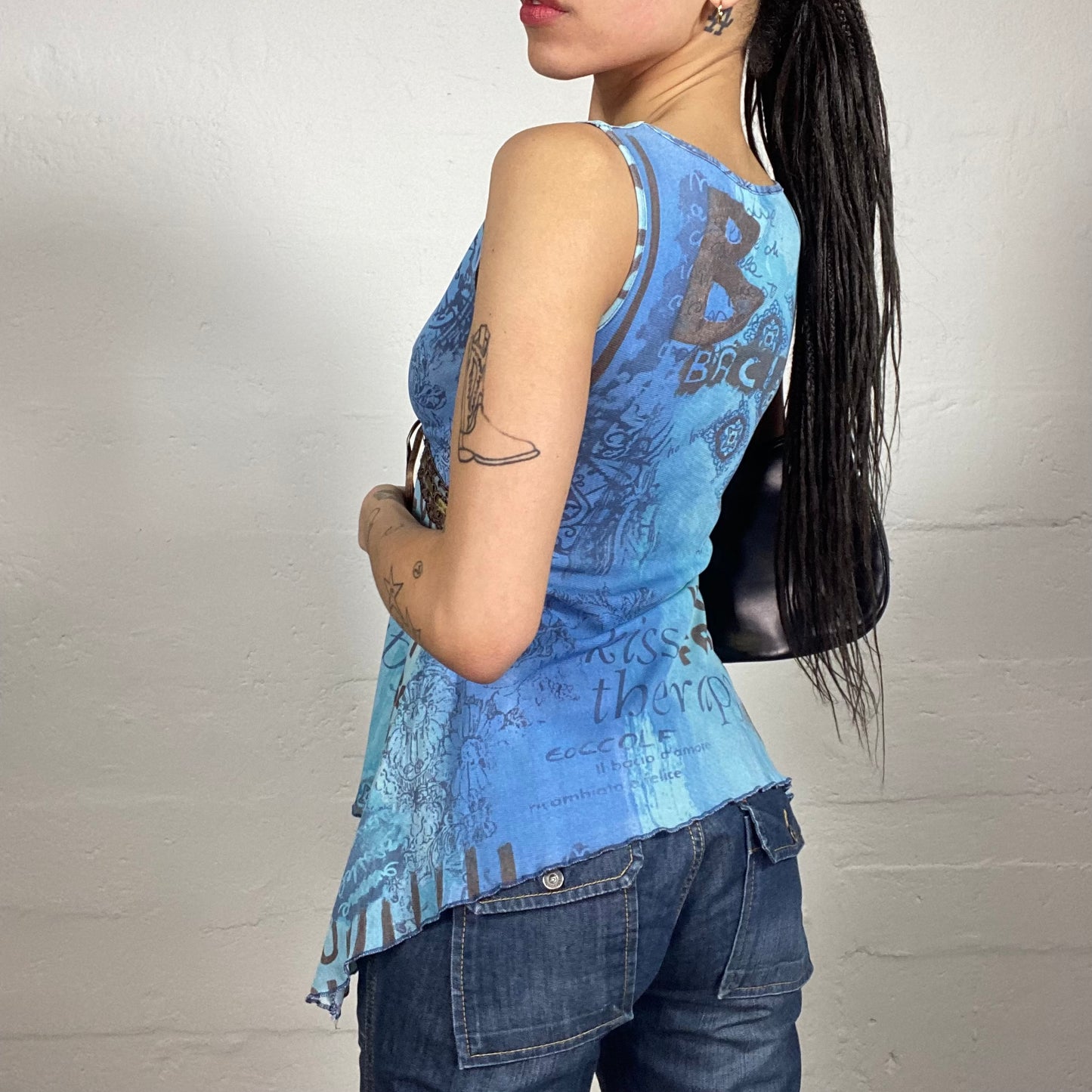 Vintage 2000's Boho Long Brown Printed V-Neck Asymmetric Top with Middle Binding Detail (M)