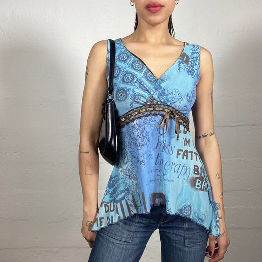 Vintage 2000's Boho Long Brown Printed V-Neck Asymmetric Top with Middle Binding Detail (M)