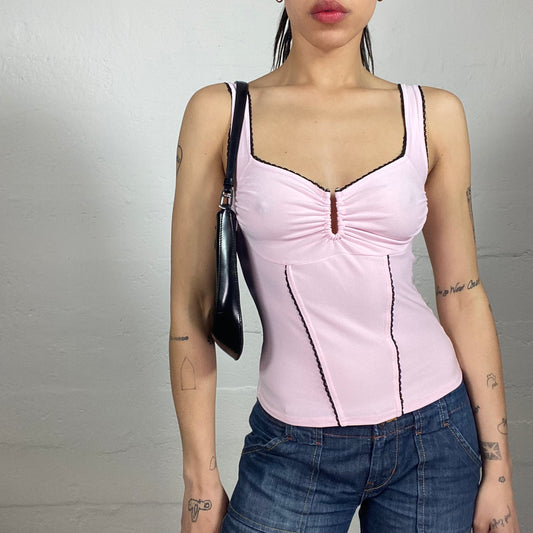 Vintage 2000's Coquette Baby Pink Draped Bra Cami Top with Black Lace Trim (M)