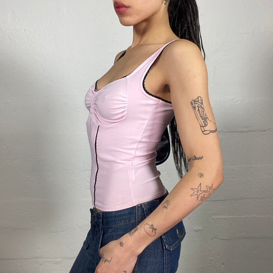 Vintage 2000's Coquette Baby Pink Draped Bra Cami Top with Black Lace Trim (M)
