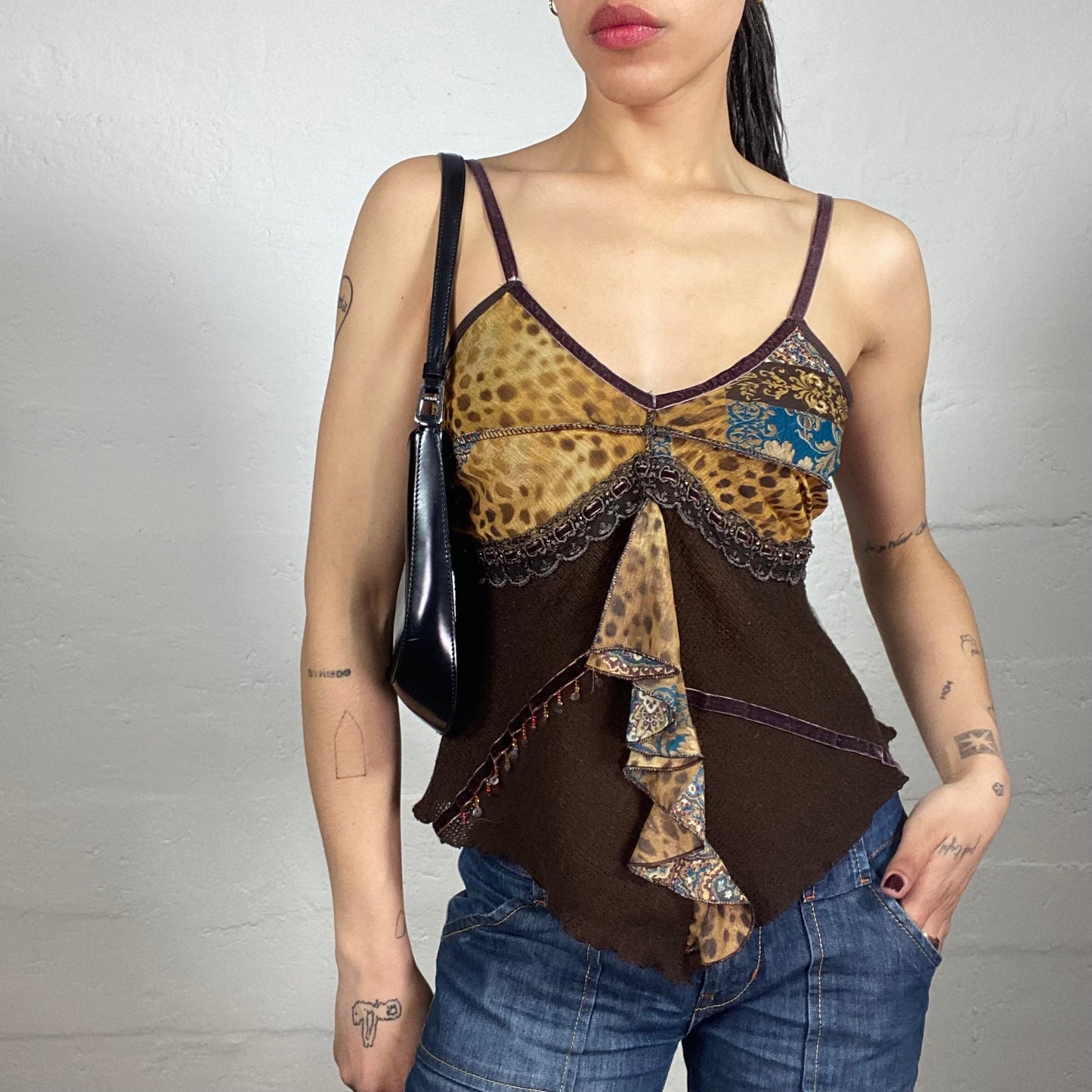 Vintage 2000's Morgan Cheetah Girl Brown Animal Print Cami Top with Middle Ruffle and Brown Lace Details (S)