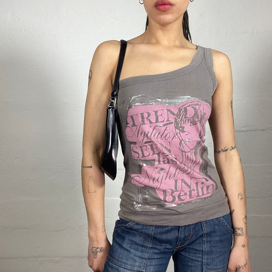 Vintage 2000's Hip Hop Style Grey One Shoulder Jersey Top with Pink Typography Print (S)