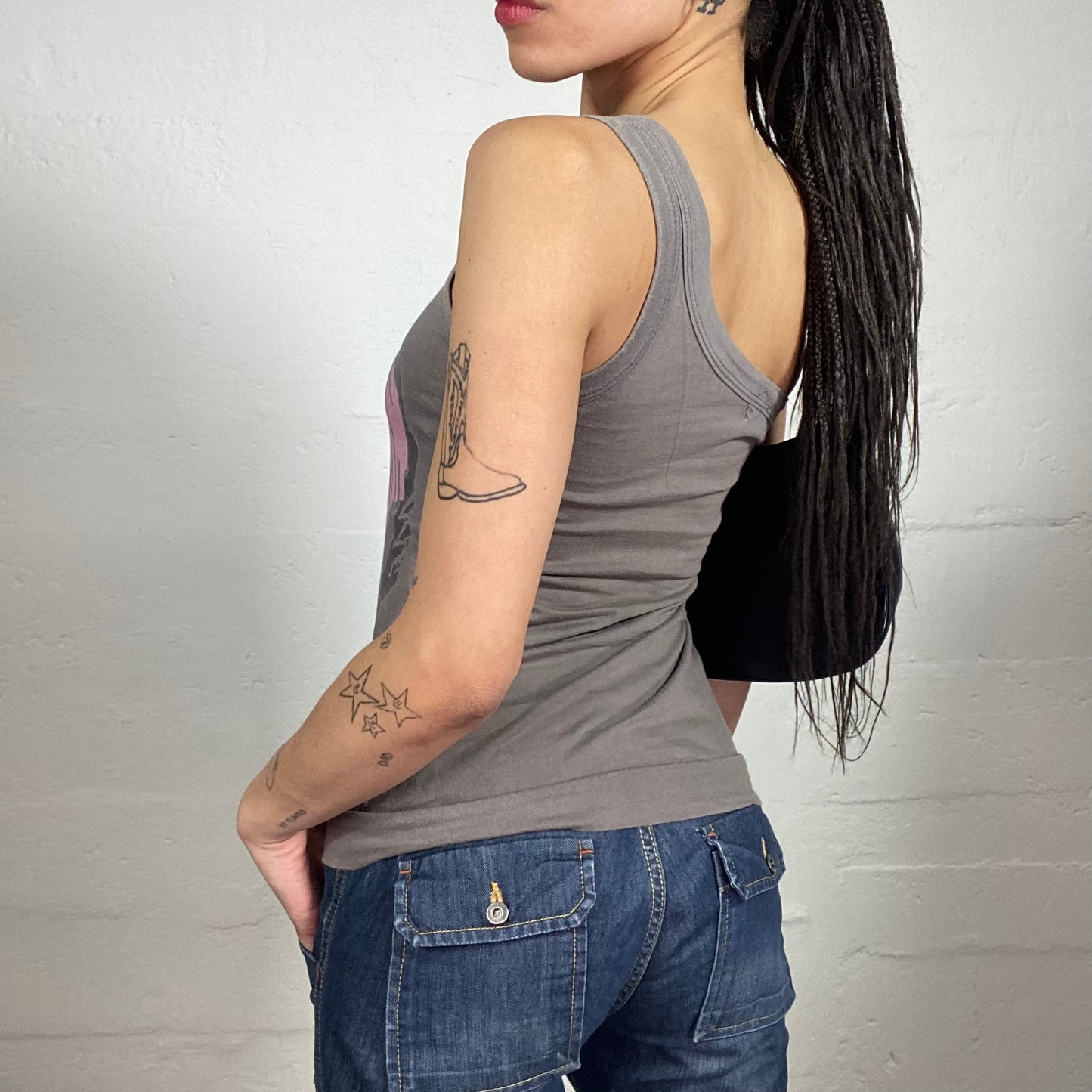 Vintage 2000's Hip Hop Style Grey One Shoulder Jersey Top with Pink Typography Print (S)