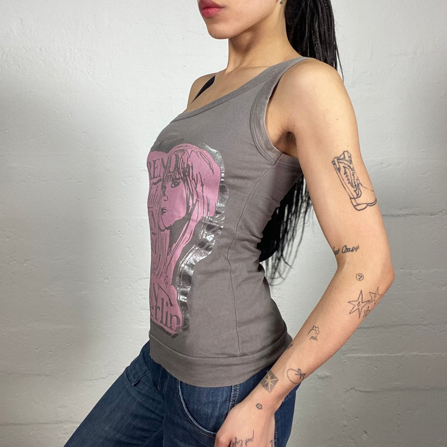 Vintage 2000's Hip Hop Style Grey One Shoulder Jersey Top with Pink Typography Print (S)