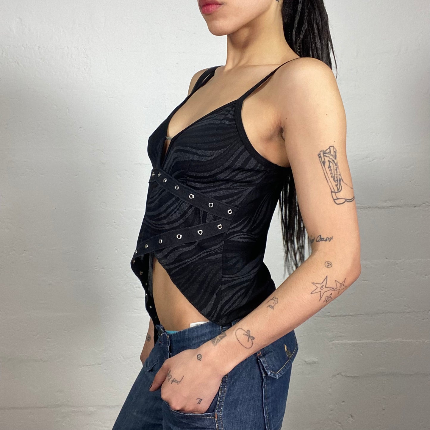 Vintage 2000's Grunge Clubwear Black Printed Asymmetric Cami Top with Silver Eyelet Details (L)