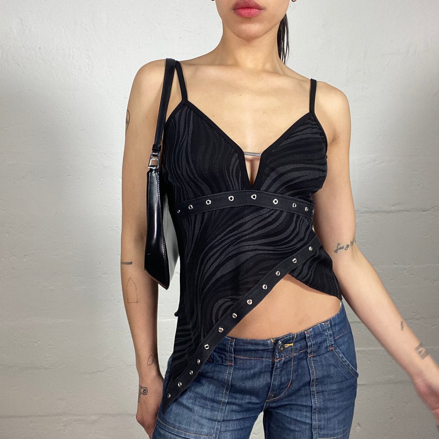 Vintage 2000's Grunge Clubwear Black Printed Asymmetric Cami Top with Silver Eyelet Details (L)