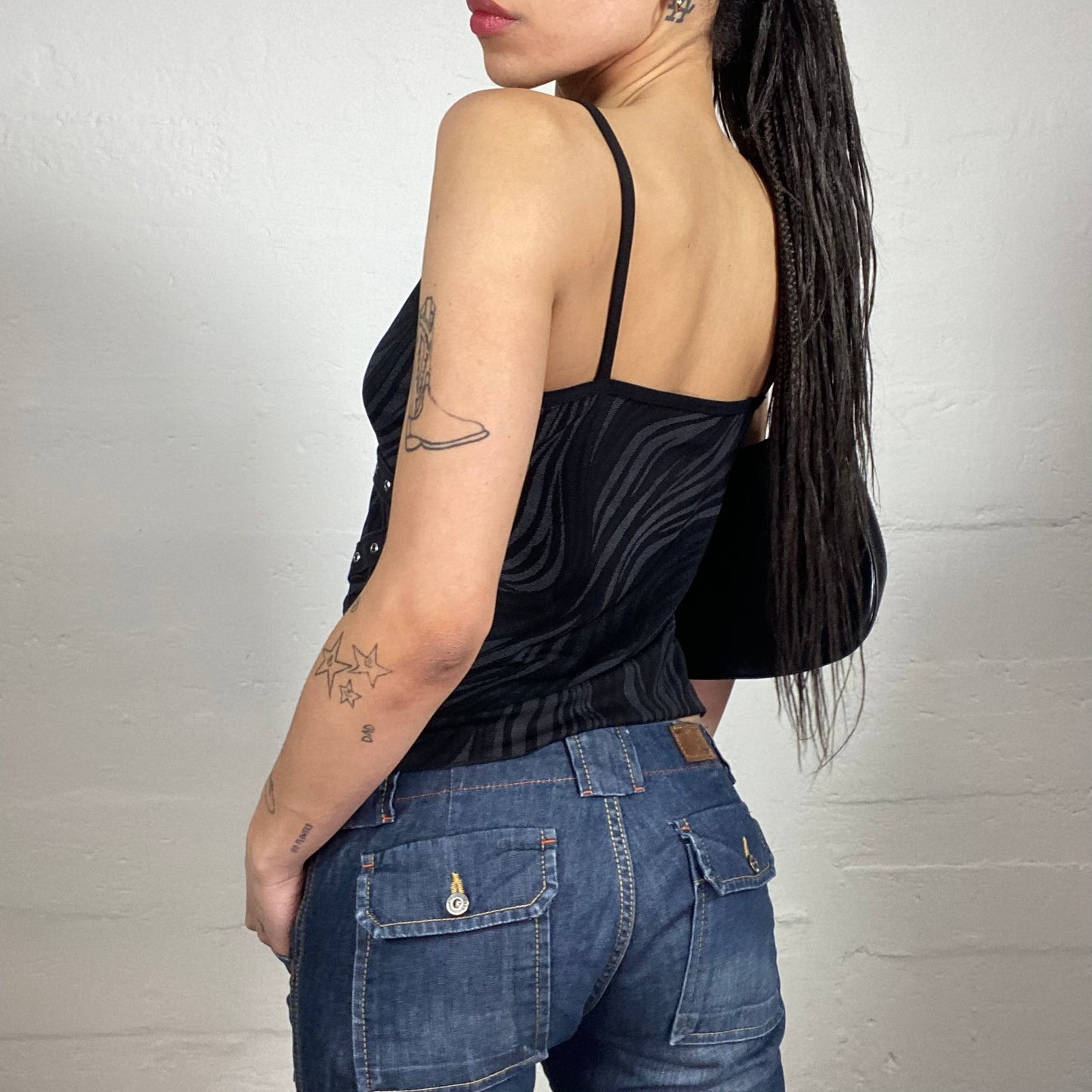 Vintage 2000's Grunge Clubwear Black Printed Asymmetric Cami Top with Silver Eyelet Details (L)