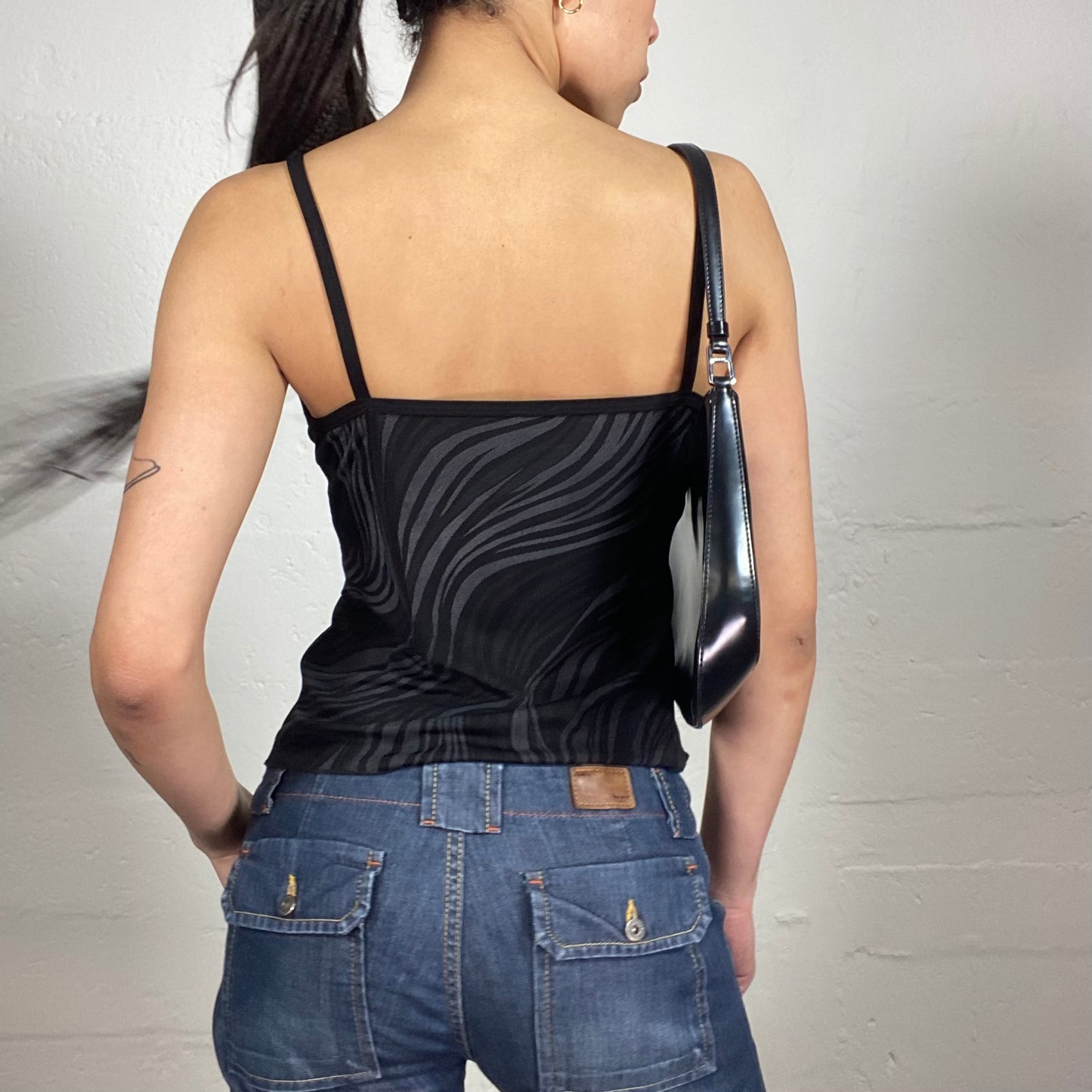 Vintage 2000's Grunge Clubwear Black Printed Asymmetric Cami Top with Silver Eyelet Details (L)
