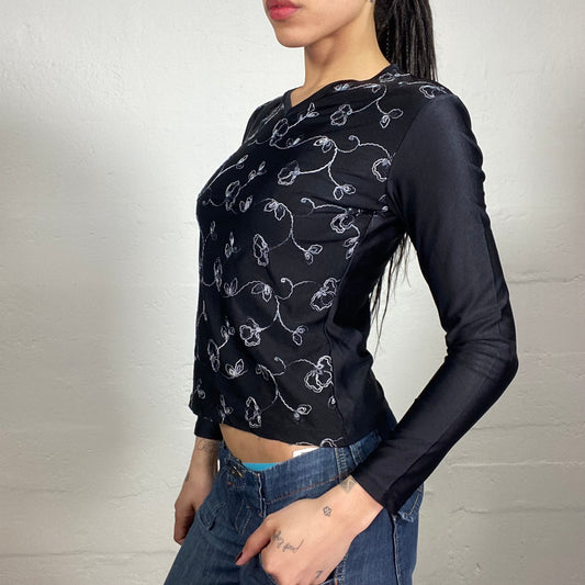 Vintage 2000's Downtown Girl Black Shimmery V-Neck Longsleeve Top with White Floral Print (S)