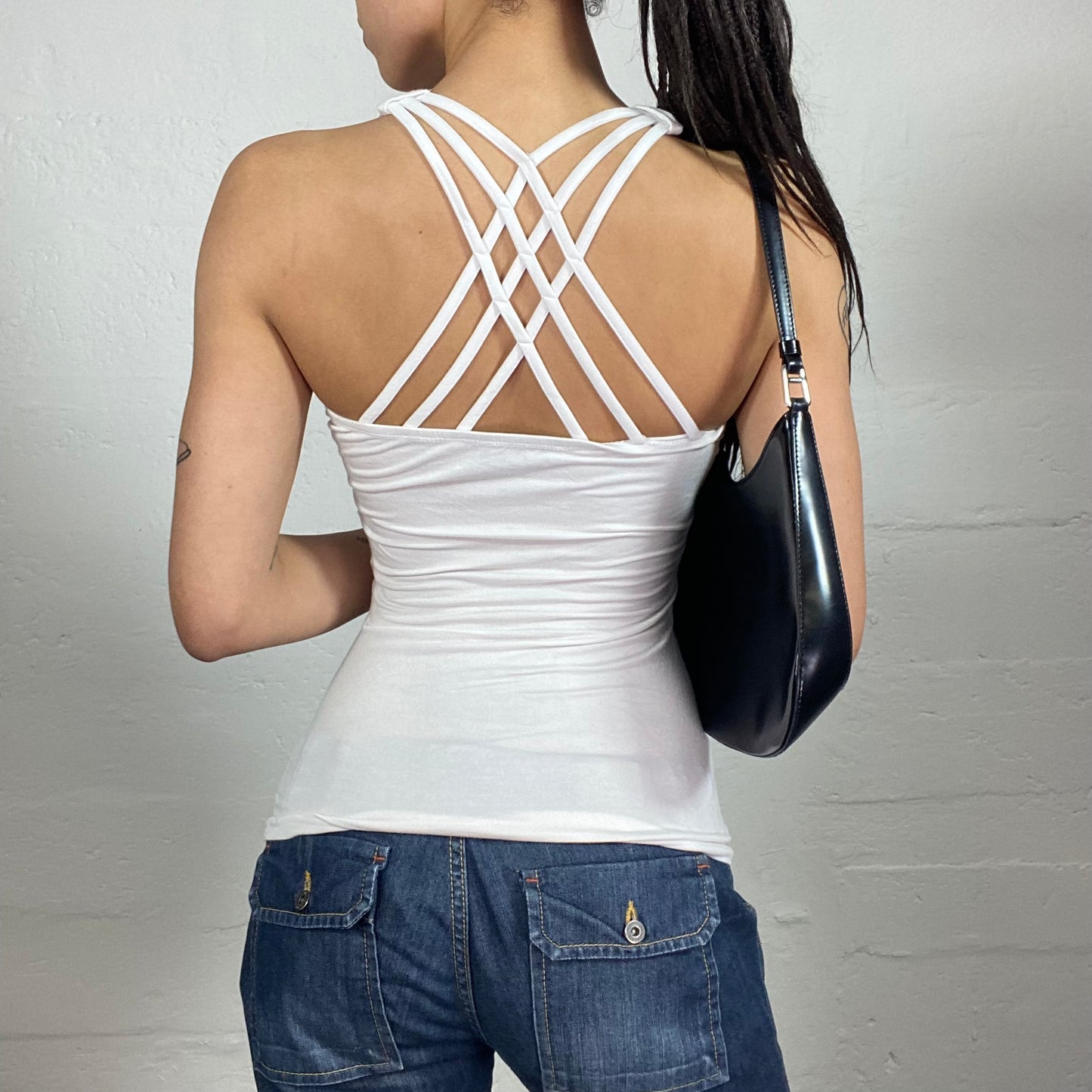 Vintage 2000's Morgan Night Out White Top with Matching White Sequin Decorated Multi Shoulder Stripes (S)
