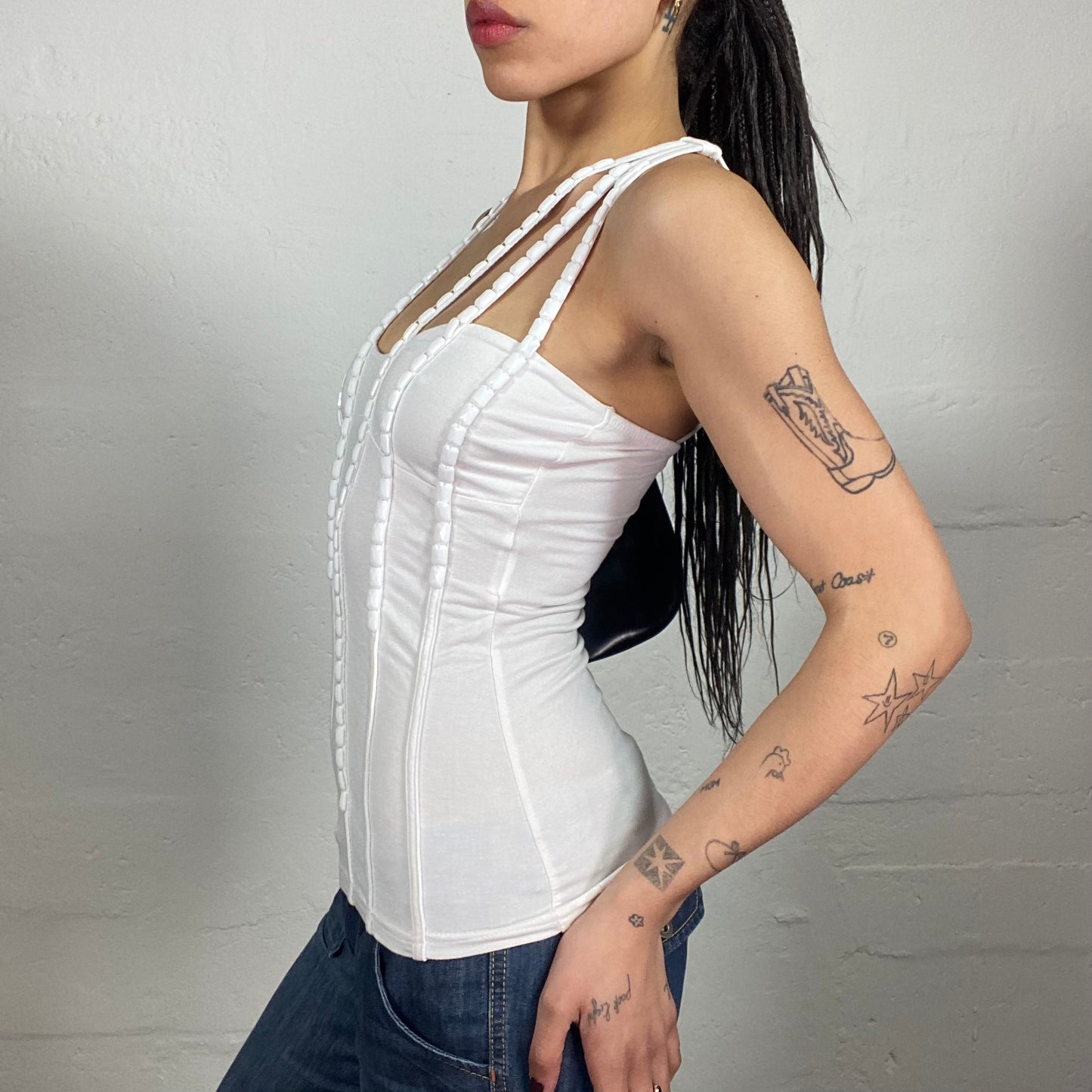 Vintage 2000's Morgan Night Out White Top with Matching White Sequin Decorated Multi Shoulder Stripes (S)