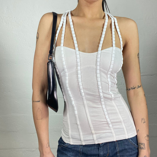 Vintage 2000's Morgan Night Out White Top with Matching White Sequin Decorated Multi Shoulder Stripes (S)