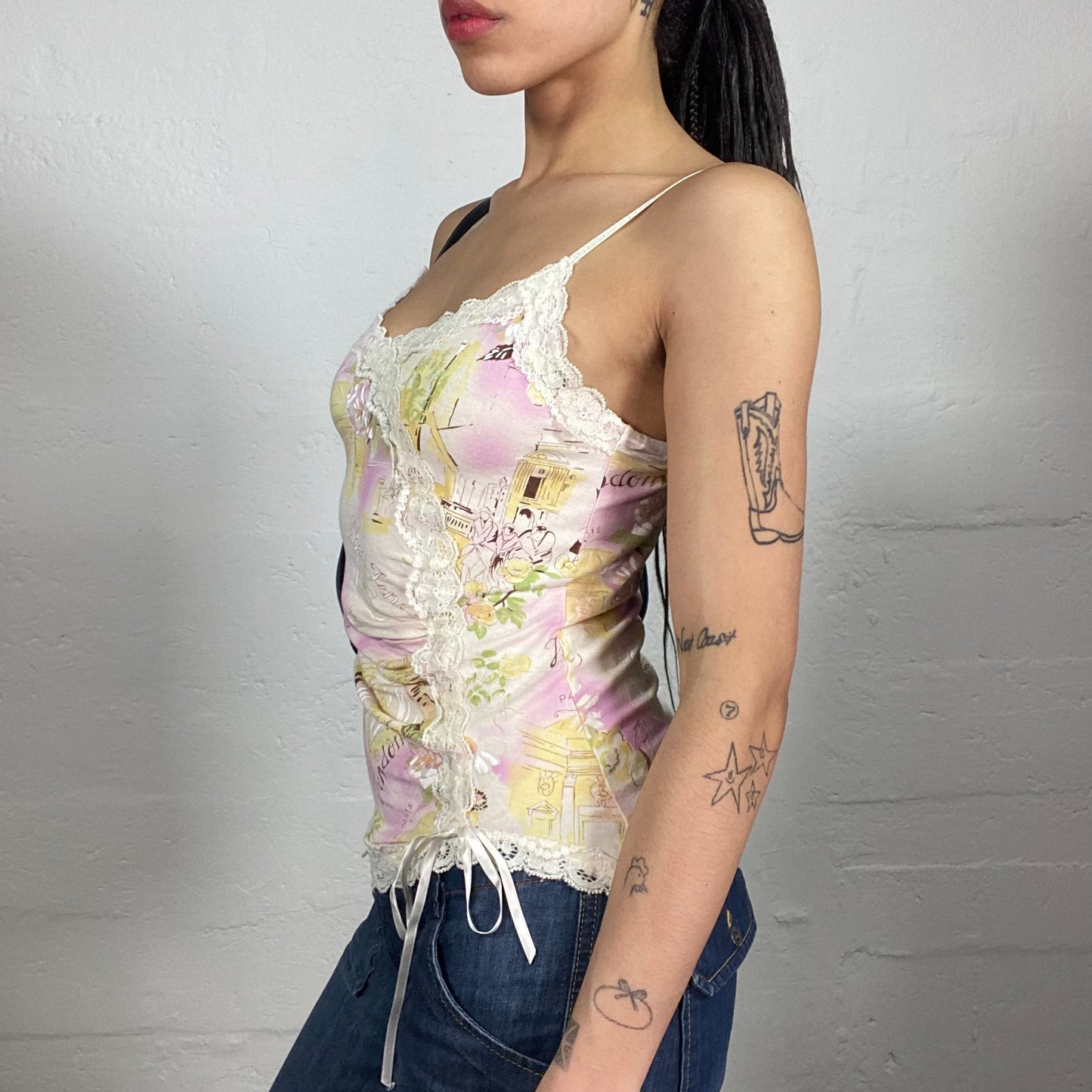 Vintage 2000's Soft Girl Milky Romantic Print Cami Top with Lace Trim (S)