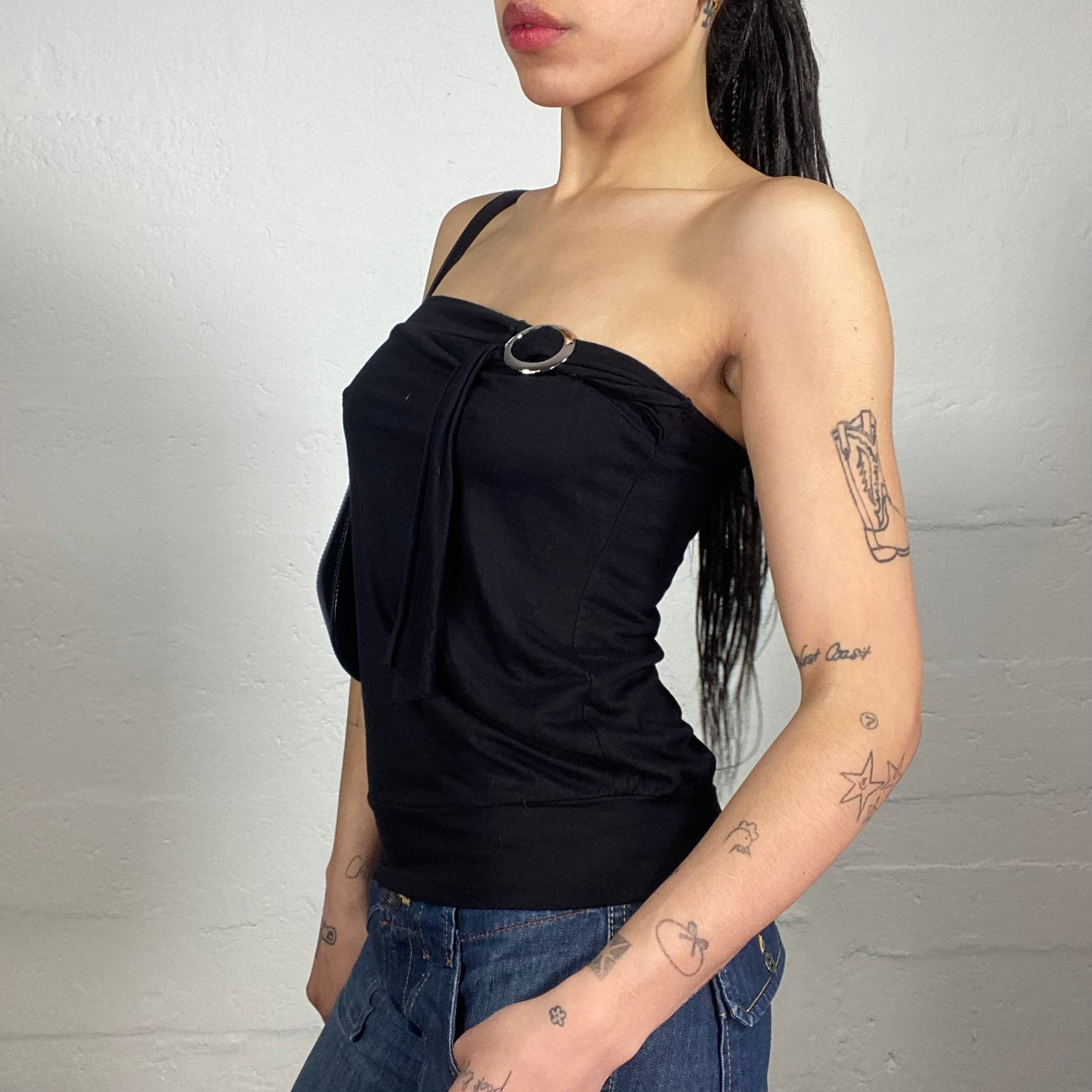 Vintage 2000's Glamorous Black Classy Draped Tube Top with Silver Ring Details (M)