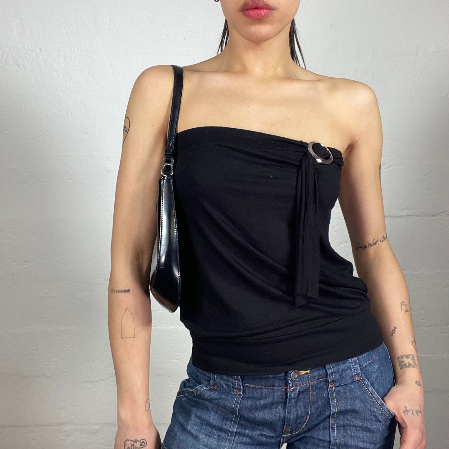 Vintage 2000's Glamorous Black Classy Draped Tube Top with Silver Ring Details (M)