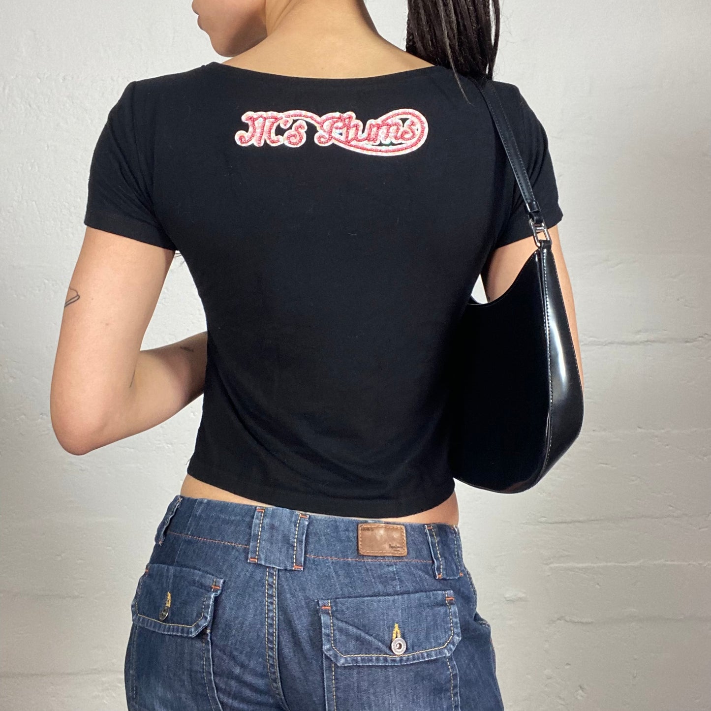 Vintage 2000's Cute Tom & Jerry Black Baby Tee with Cartoon Sequins Embroidery (S)