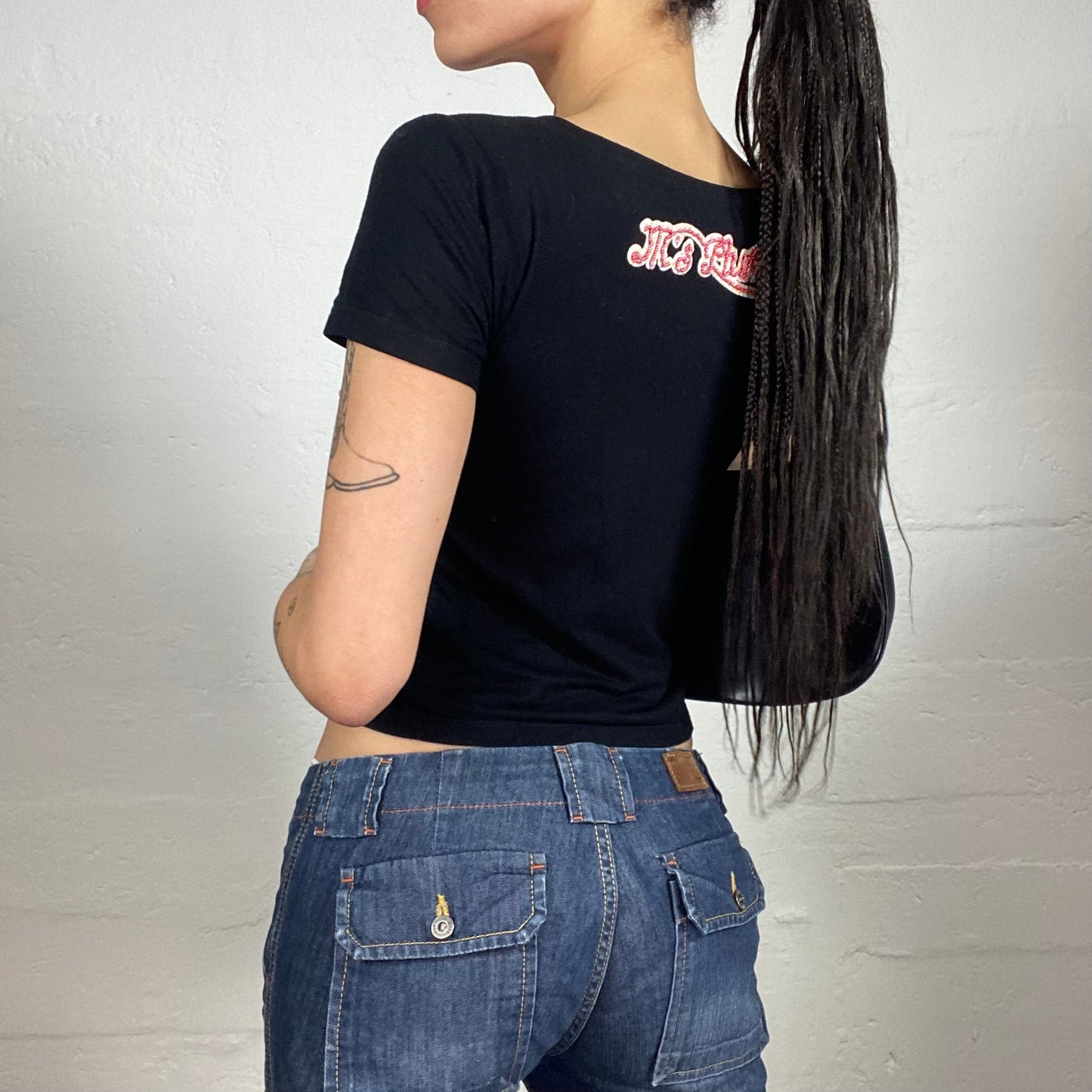 Vintage 2000's Cute Tom & Jerry Black Baby Tee with Cartoon Sequins Embroidery (S)