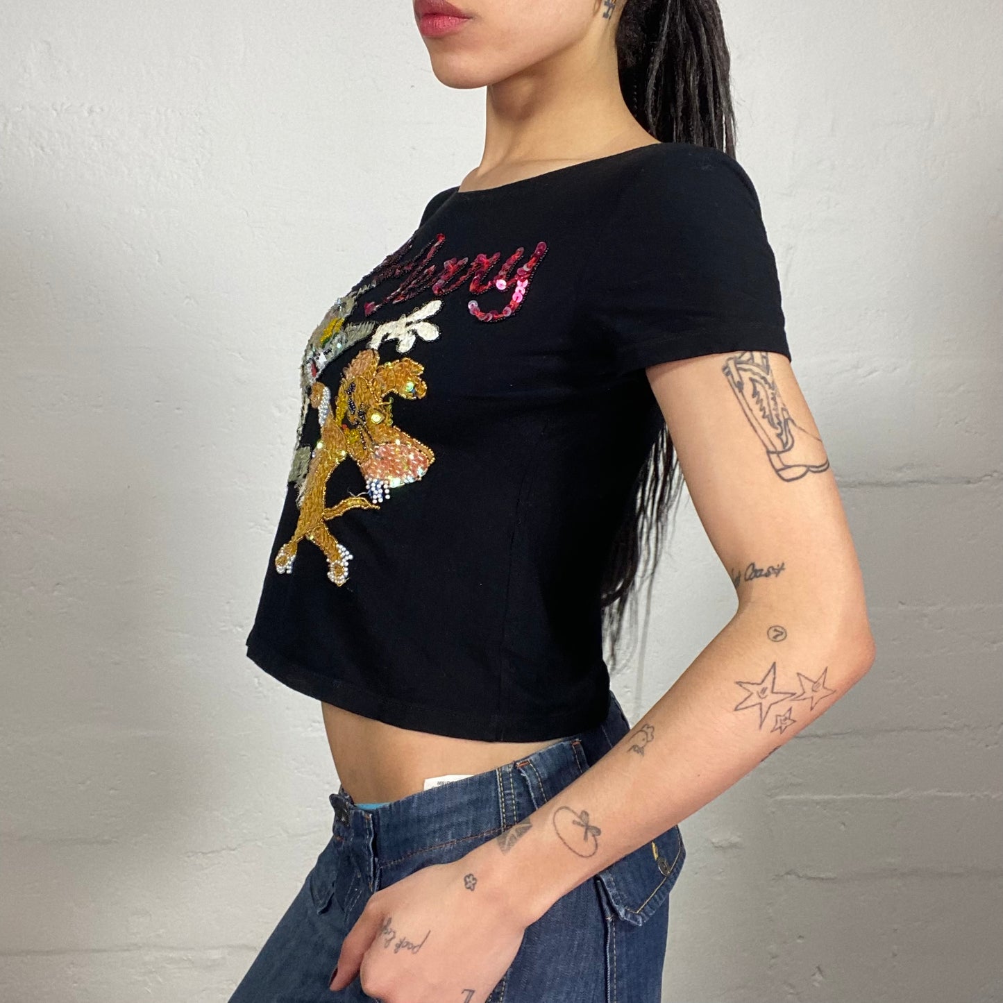Vintage 2000's Cute Tom & Jerry Black Baby Tee with Cartoon Sequins Embroidery (S)