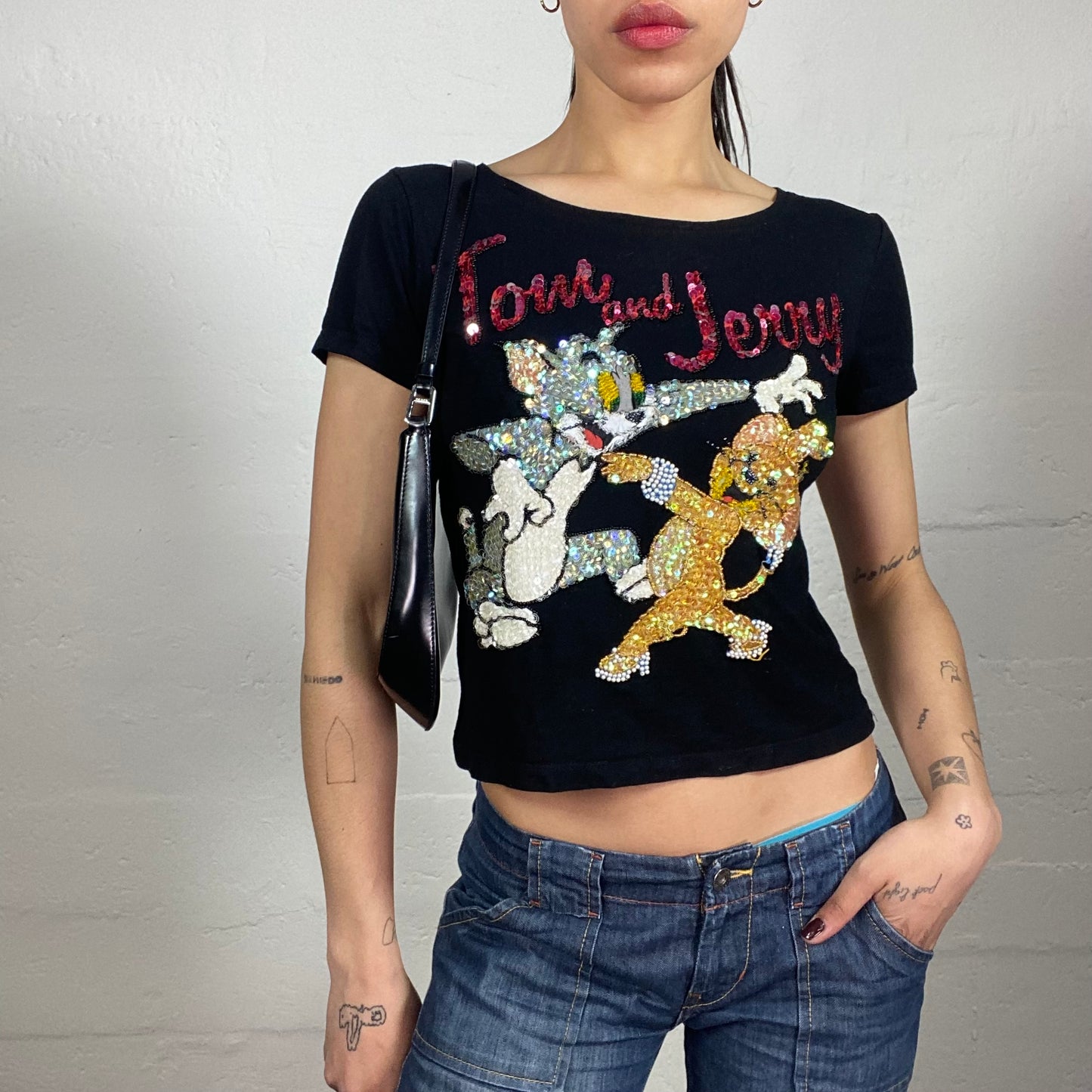 Vintage 2000's Cute Tom & Jerry Black Baby Tee with Cartoon Sequins Embroidery (S)