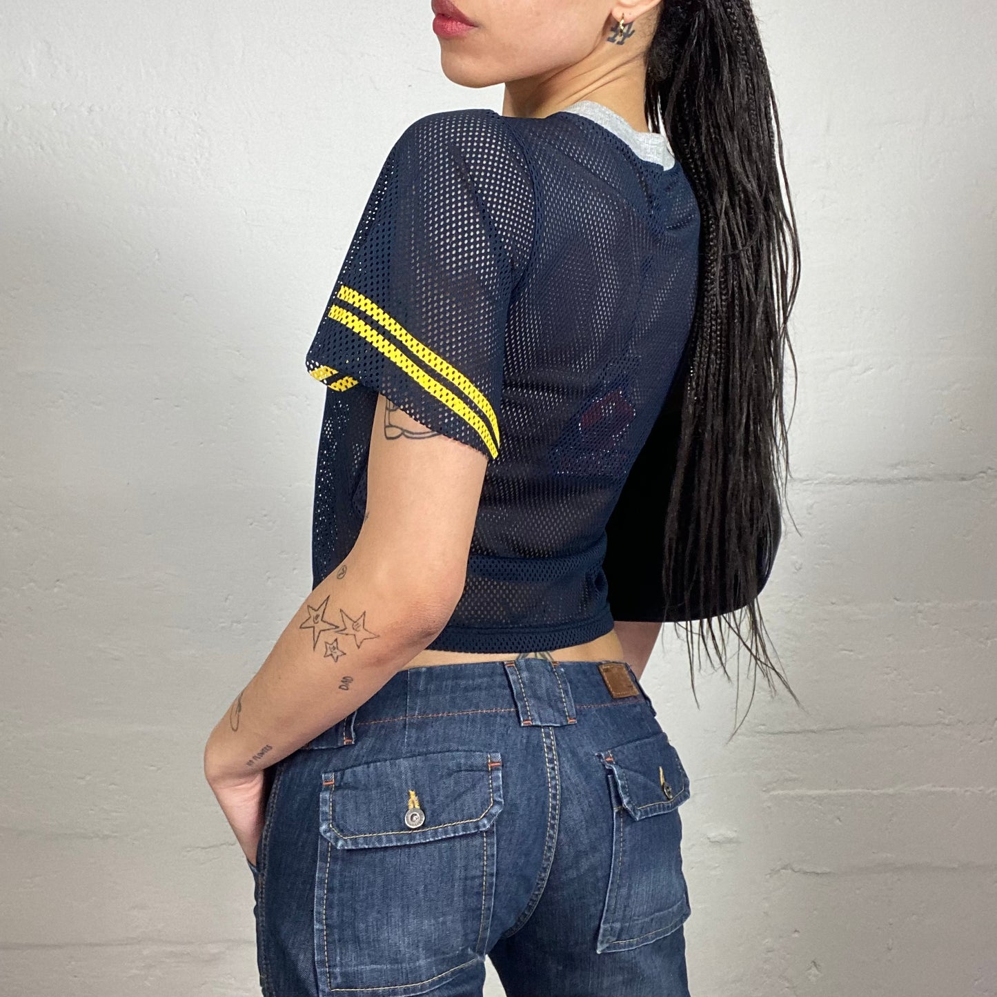 Vintage 2000's Sporty Boxy Fit Cropped Navy Blue Mesh T-Shirt with Yellow Accents and Typography Print (S)