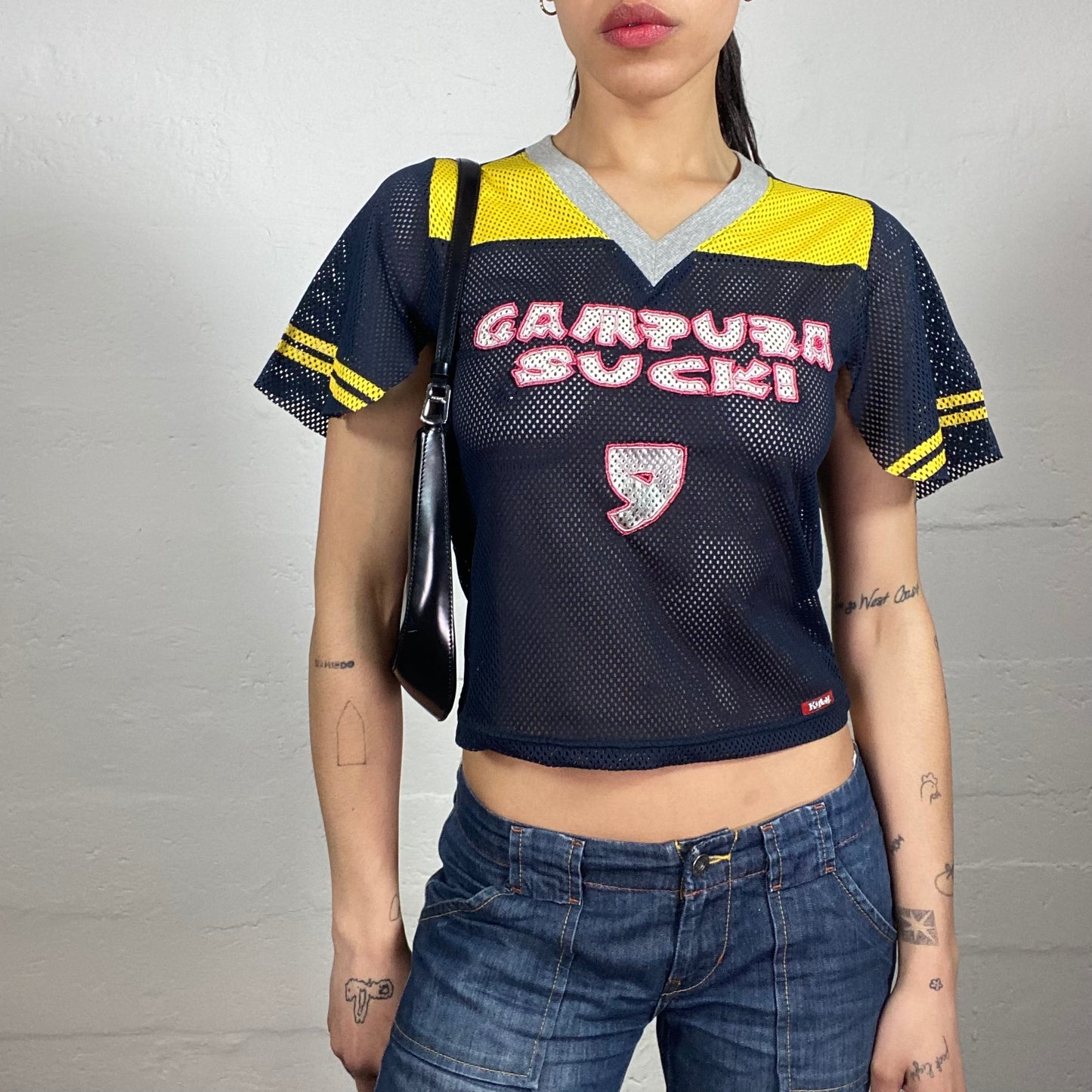 Vintage 2000's Sporty Boxy Fit Cropped Navy Blue Mesh T-Shirt with Yellow Accents and Typography Print (S)