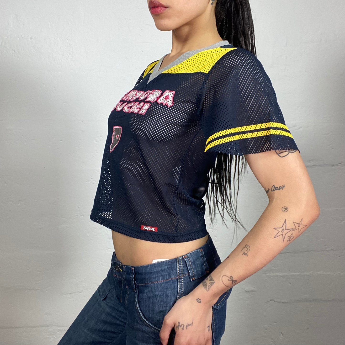 Vintage 2000's Sporty Boxy Fit Cropped Navy Blue Mesh T-Shirt with Yellow Accents and Typography Print (S)