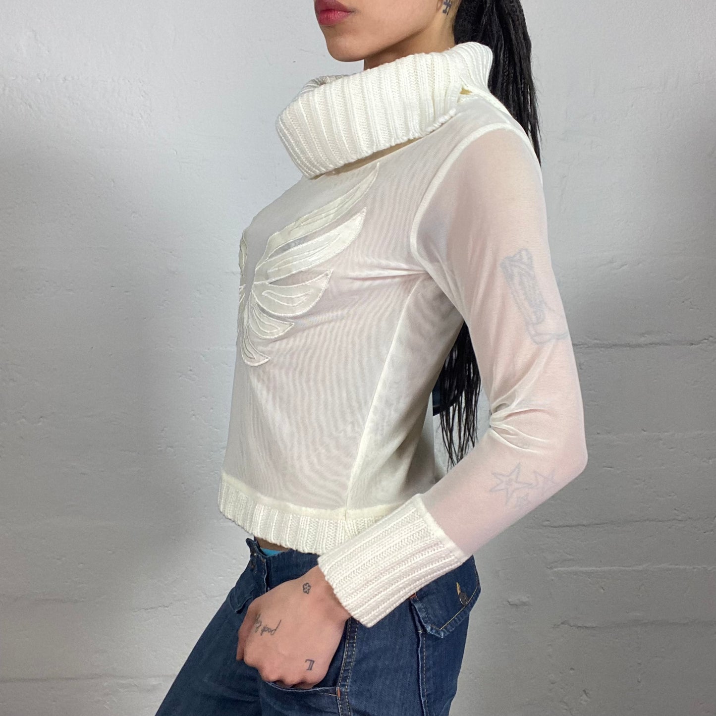 Vintage 2000's Soft Girl Pullover Style White Knitted High Neck Top with Wings Embroidery and Mesh Sleeves (S)