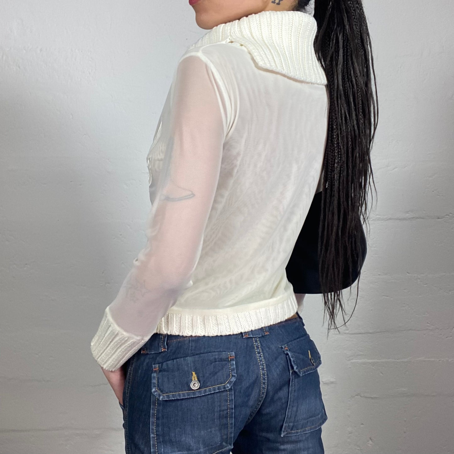 Vintage 2000's Soft Girl Pullover Style White Knitted High Neck Top with Wings Embroidery and Mesh Sleeves (S)