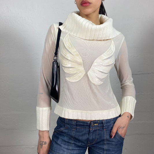 Vintage 2000's Soft Girl Pullover Style White Knitted High Neck Top with Wings Embroidery and Mesh Sleeves (S)